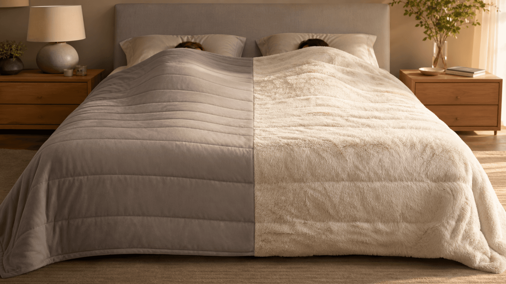 lehlo split-comfort blanket on a shared bed
