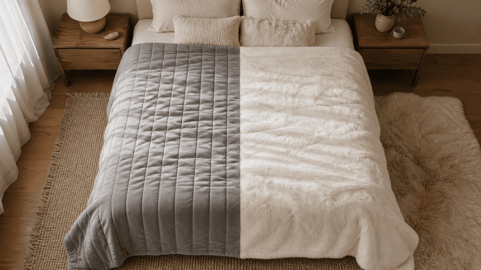 Top-down view of lehlo, with a gray quilted weighted left half and ivory plush light right half