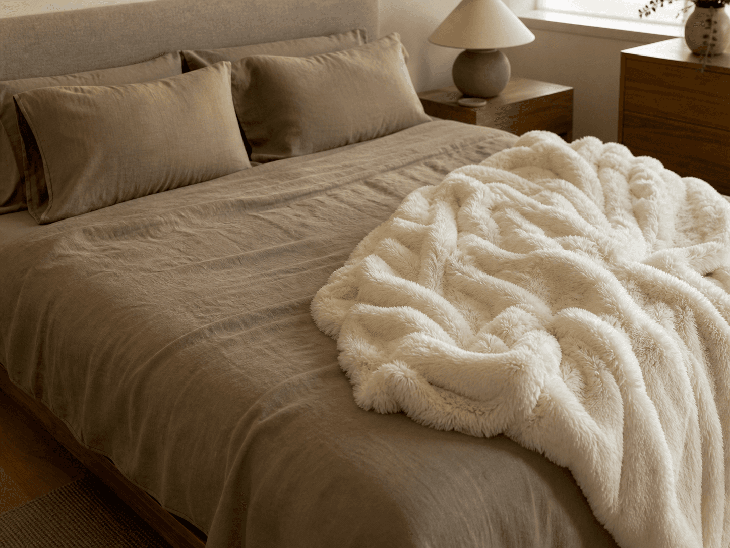 A separate ivory long-pile faux fur blanket on a different bed